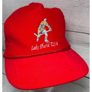 Vintage‎ Players Lake Placid USA Hockey Corduroy Snapback Hat Red Rope Cap